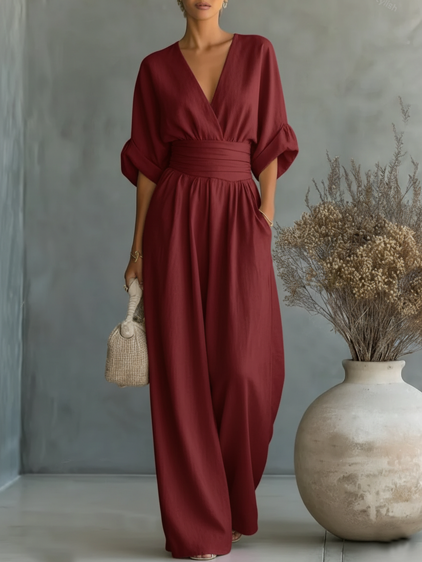 Mono Elegante con Escote en V y Cintura Alta — Sofisticación que define tu estilo