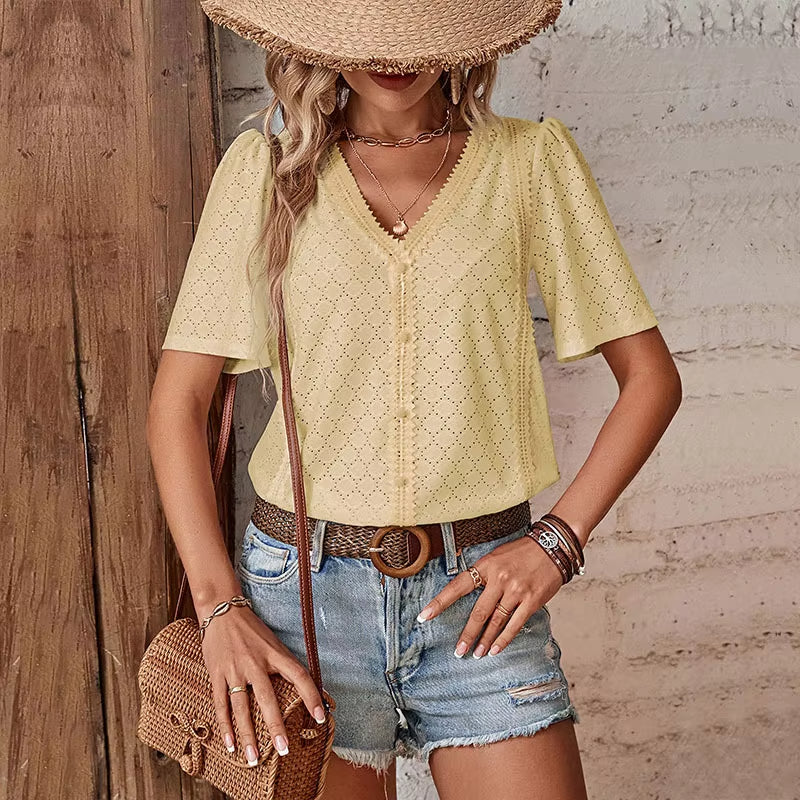 Blusa De Mujer De Manga Corta Con Escote En V