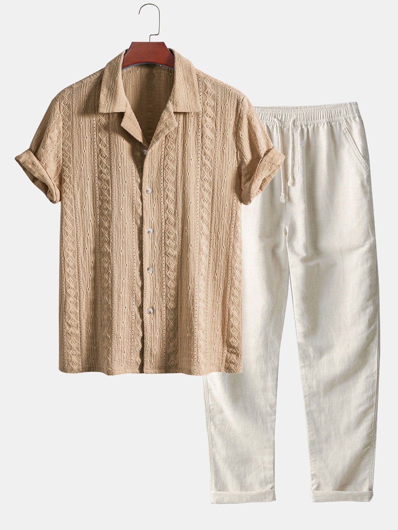 Conjunto Camisa Cubana Jacquard y Pantalón Recto Lino