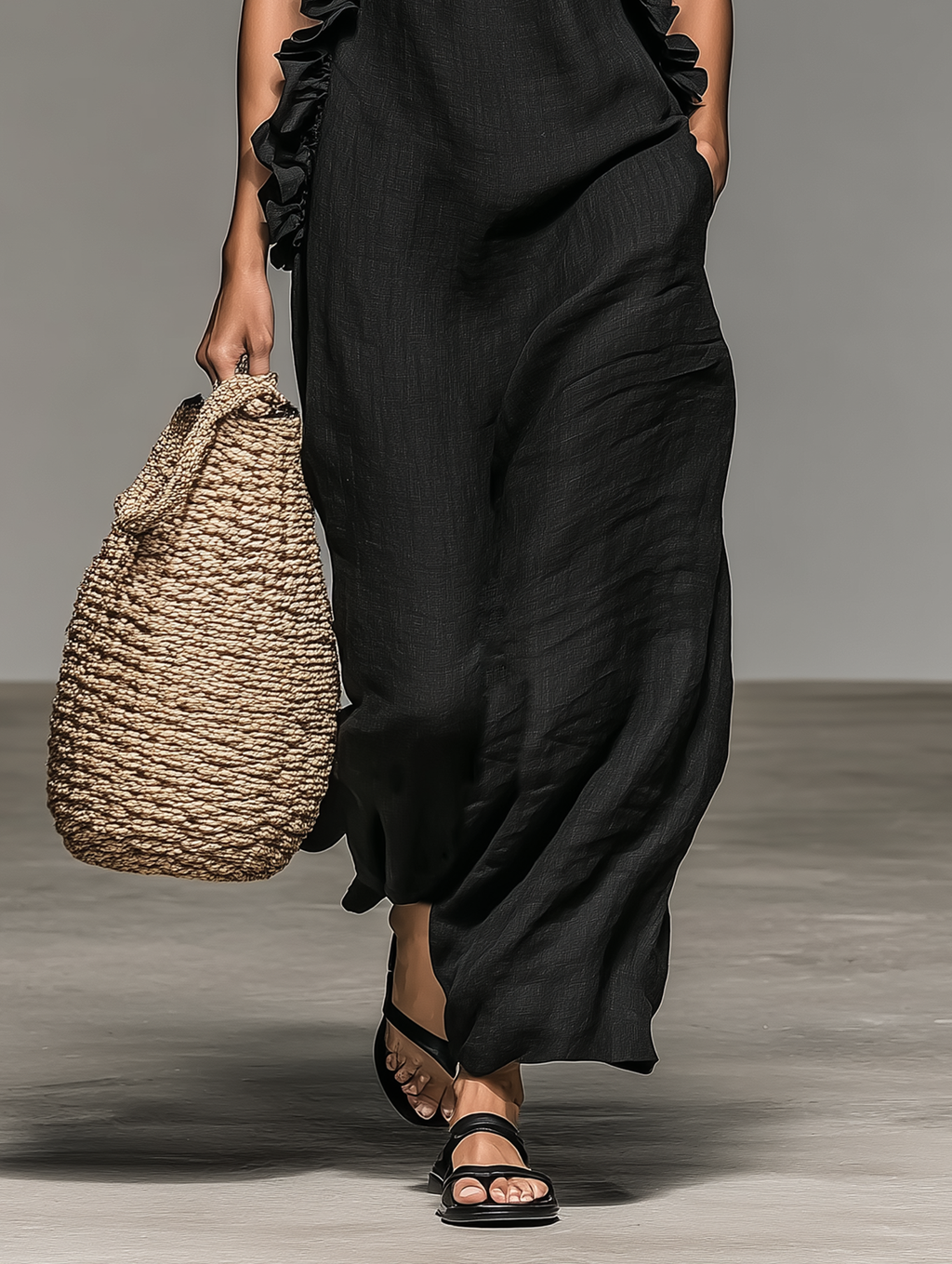 Brisa | Vestido maxi sin mangas con detalle de volantes