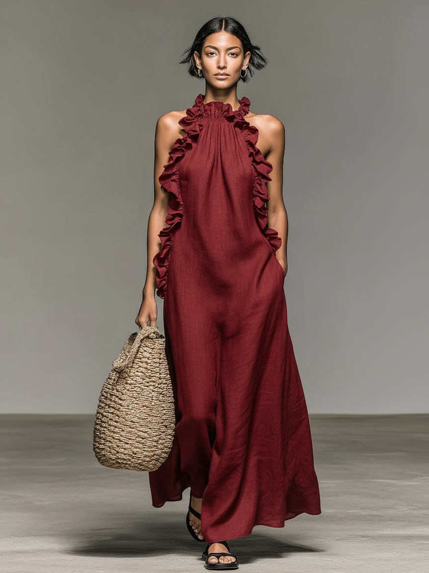 Brisa | Vestido maxi sin mangas con detalle de volantes