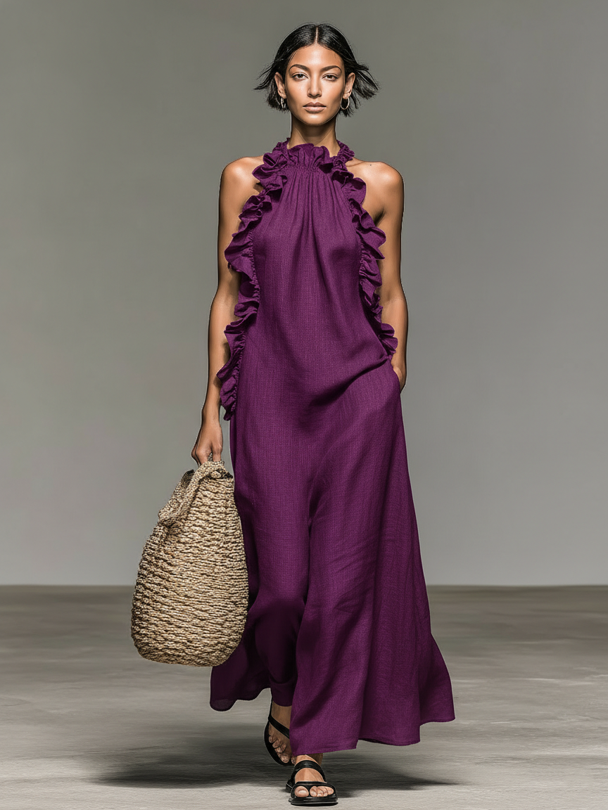 Brisa | Vestido maxi sin mangas con detalle de volantes