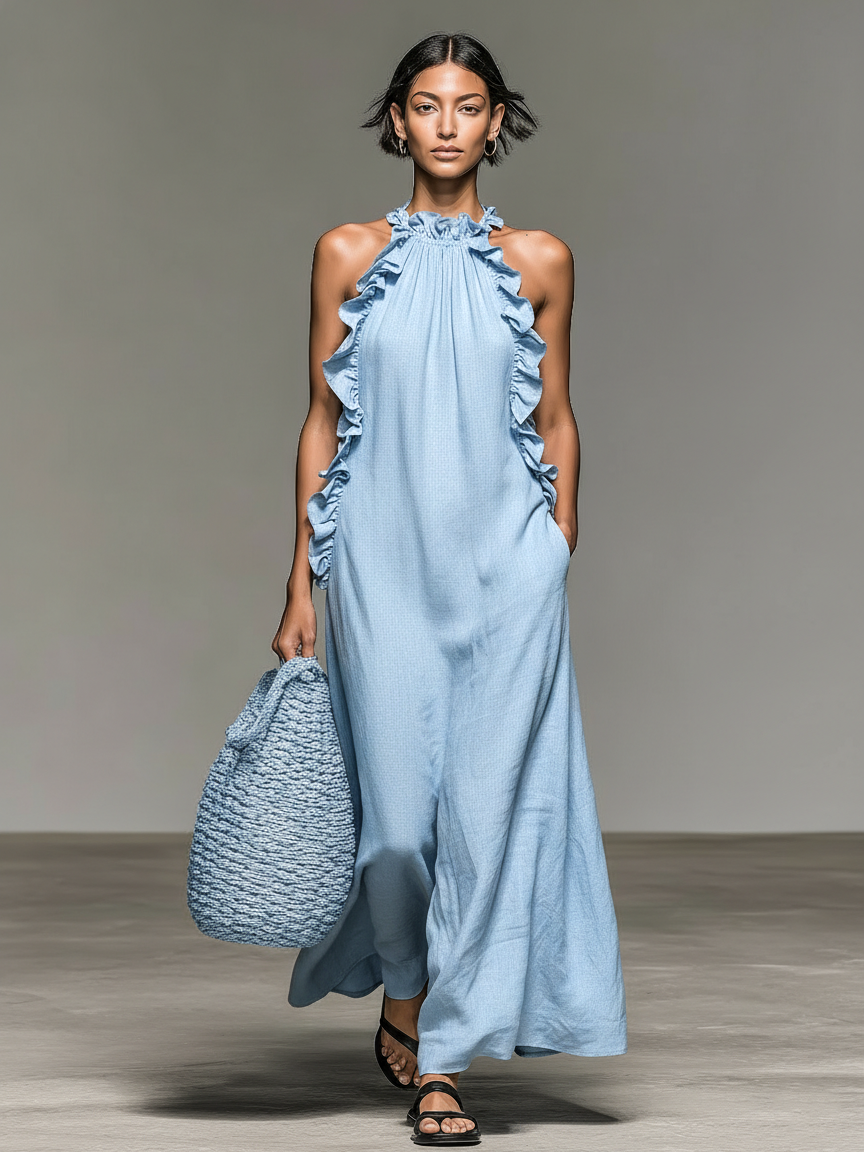 Brisa | Vestido maxi sin mangas con detalle de volantes
