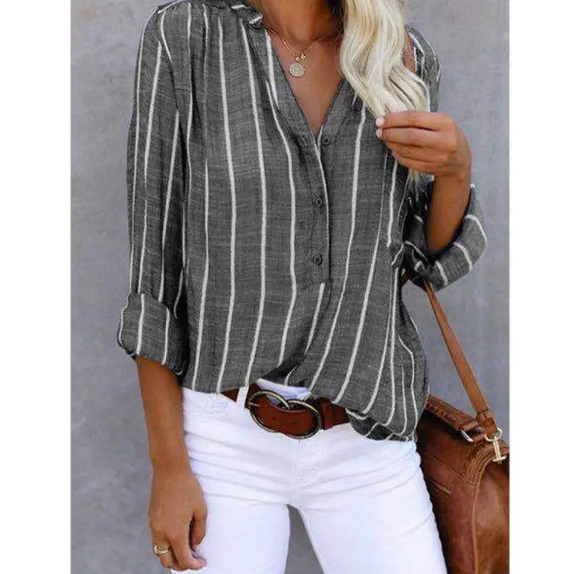 Blusa De Mujer A Rayas Elegante De Corte Recto