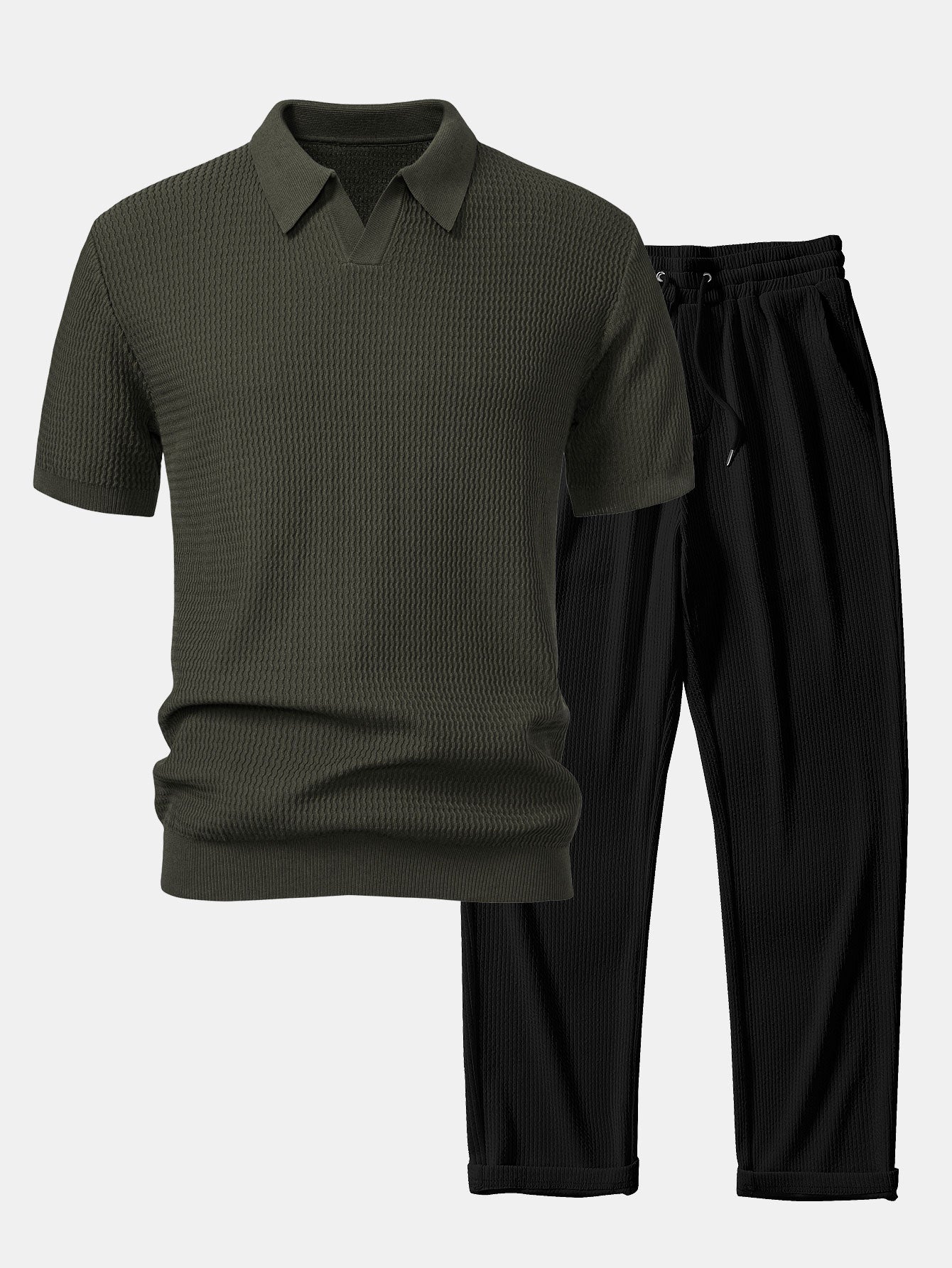Conjunto Punto Jacquard Polo V y Pantalón Recto Acanalado