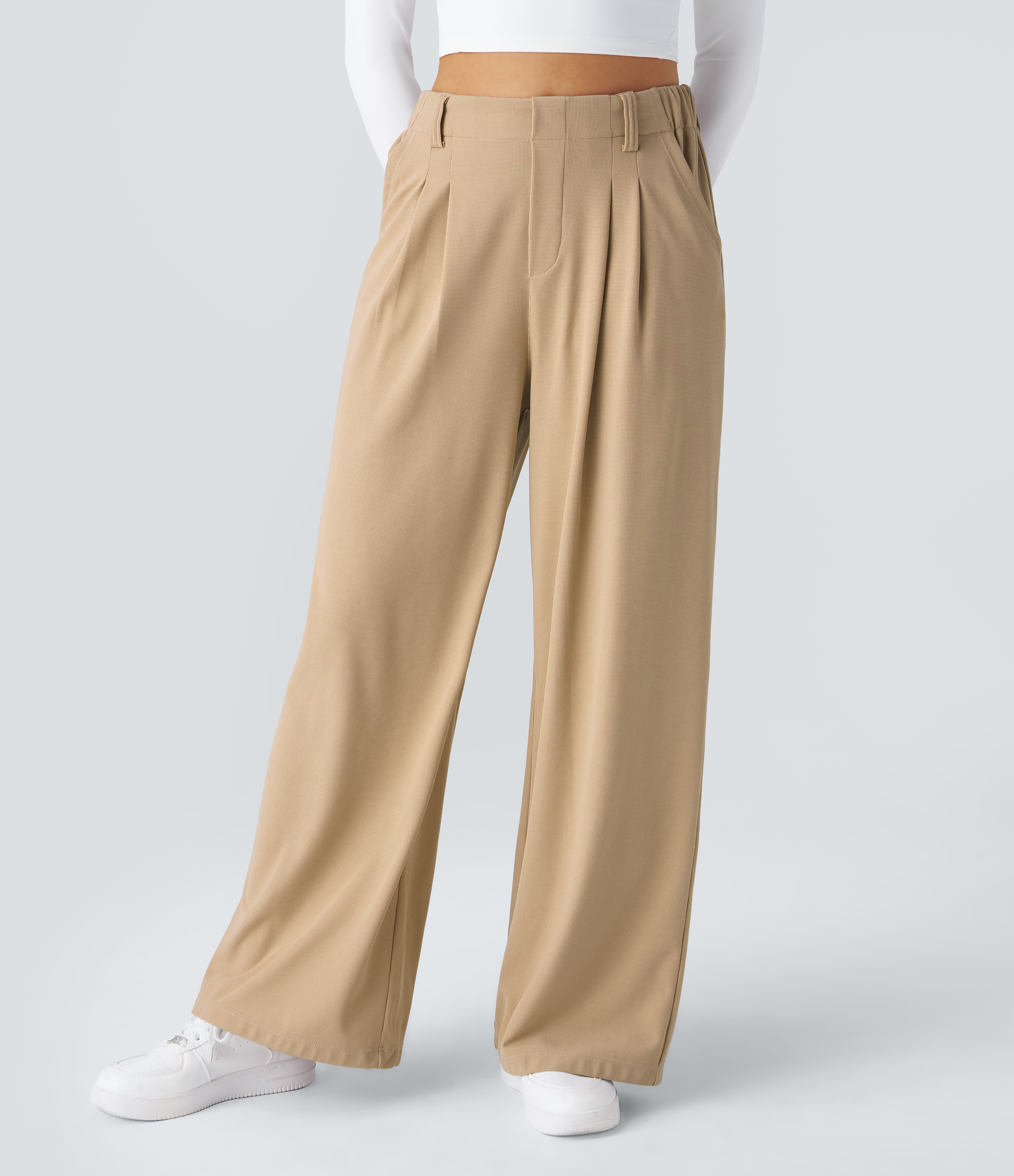 Chiara™ | Pantalón Palazzo Waffle de Cintura Alta - Beige Arena