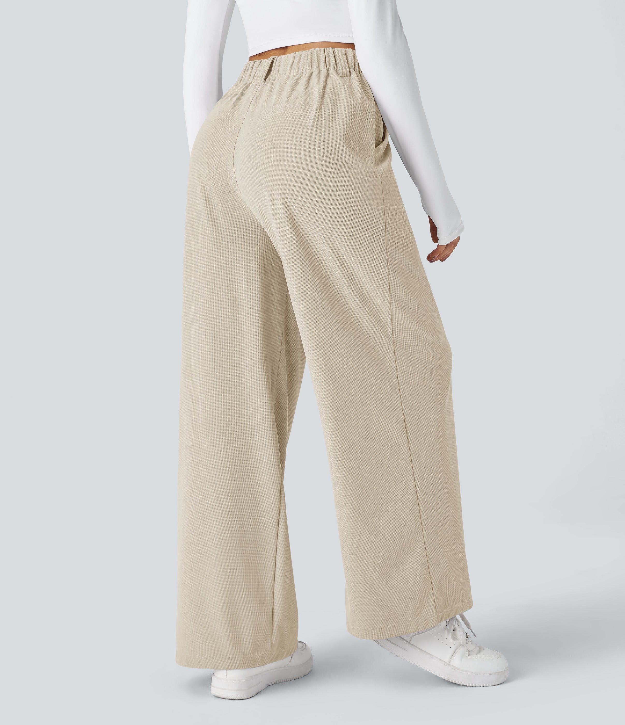 Chiara™ | Pantalón Palazzo Waffle de Cintura Alta - Beige Arena