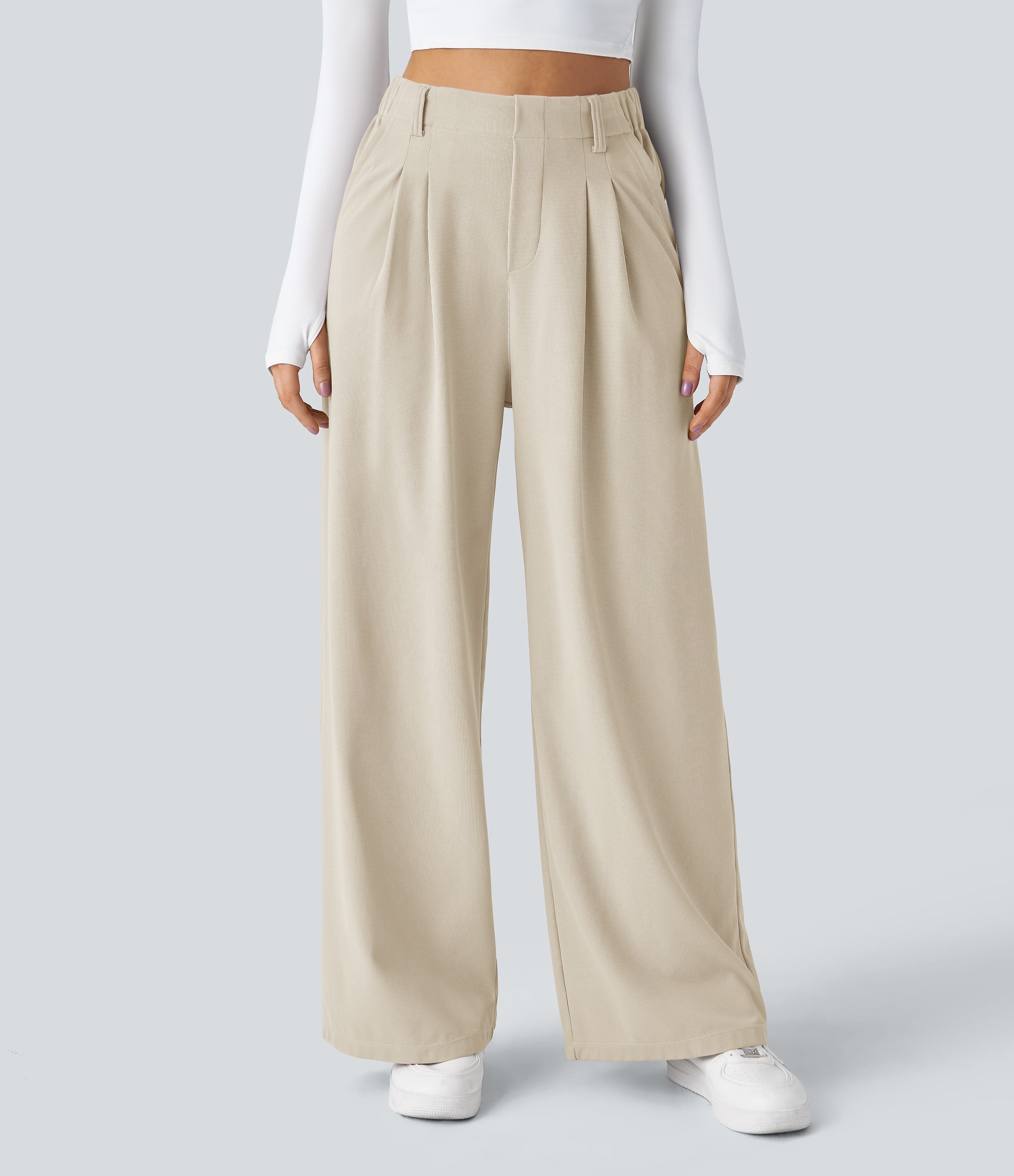 Chiara™ | Pantalón Palazzo Waffle de Cintura Alta - Beige Arena