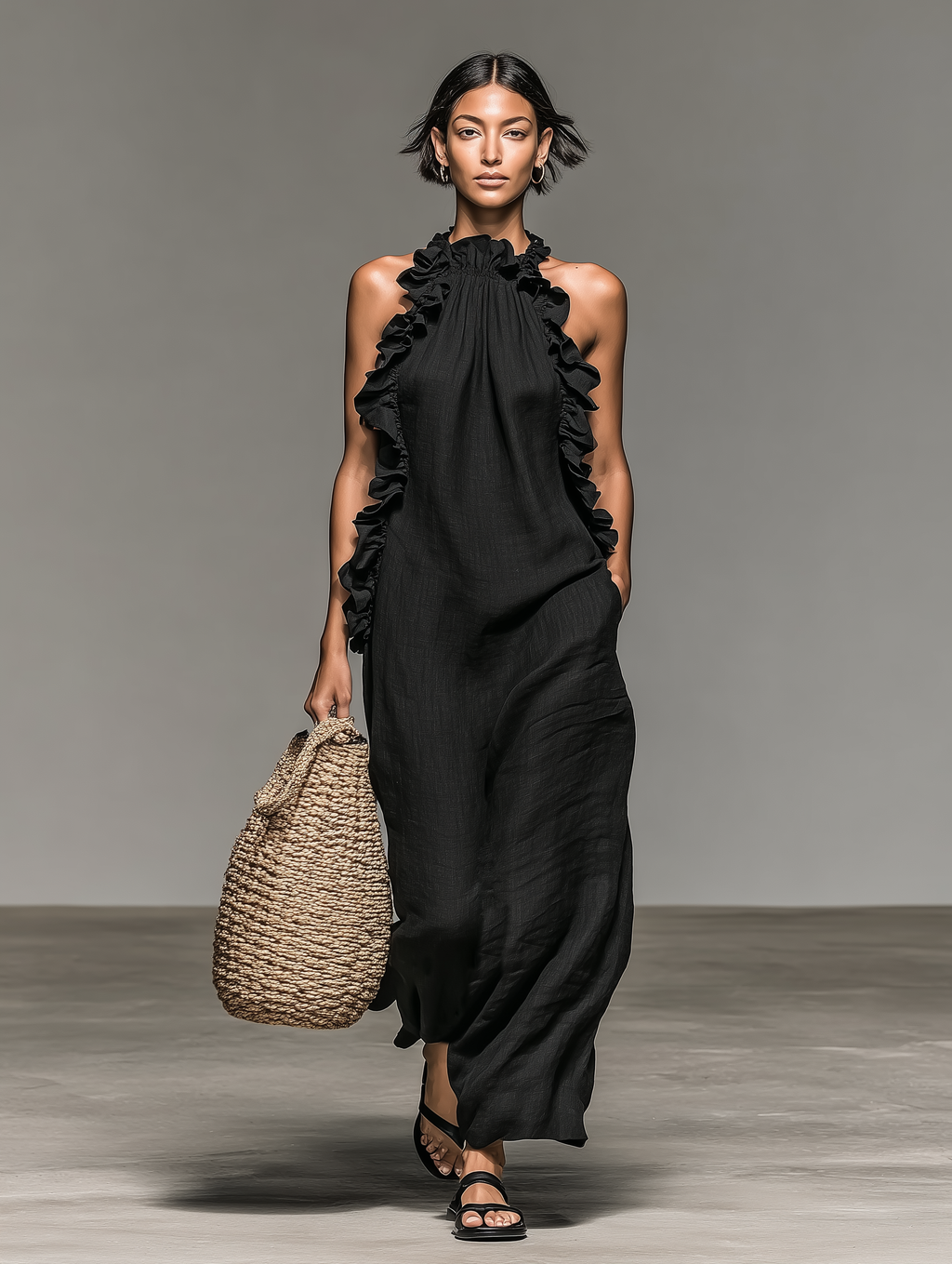 Brisa | Vestido maxi sin mangas con detalle de volantes