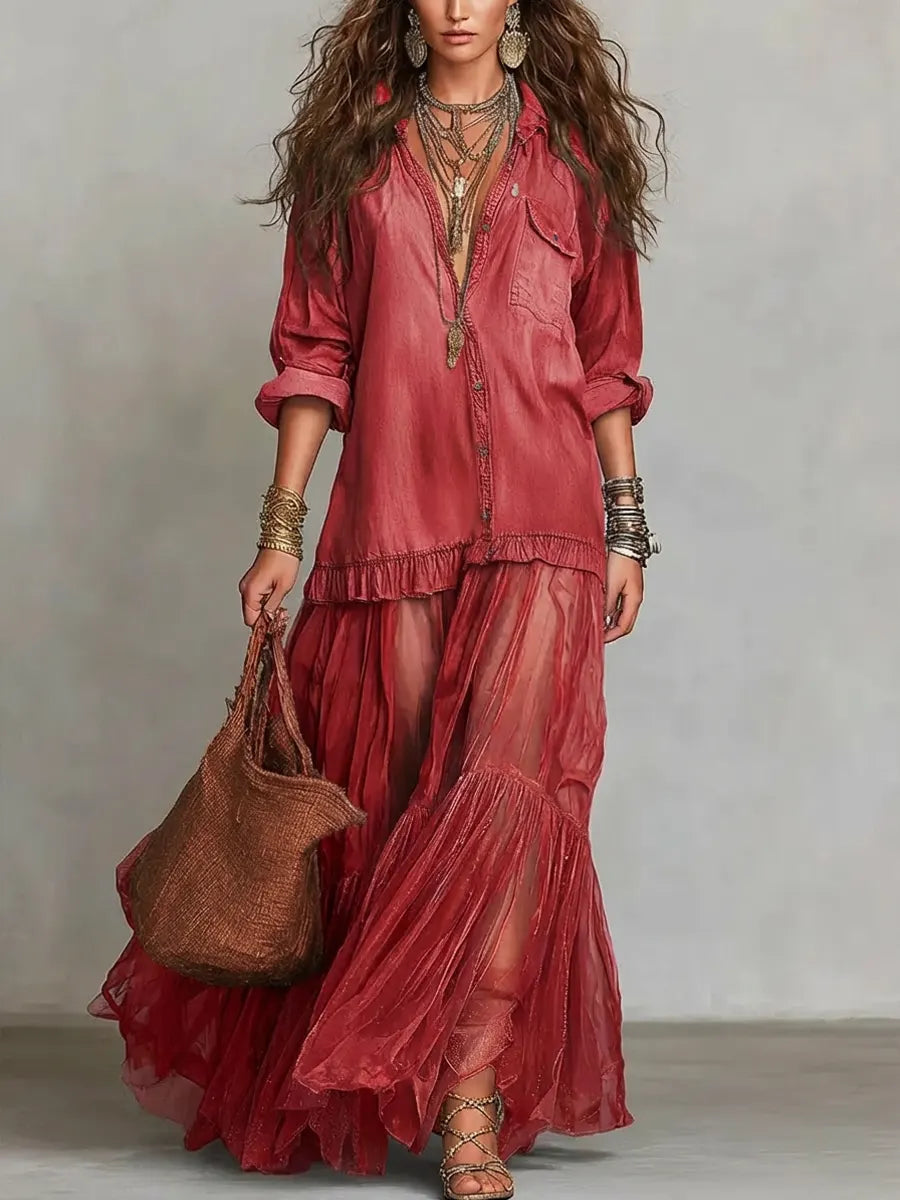 El Vestido Patchwork - Denim de alta calidad y organza de lujo.