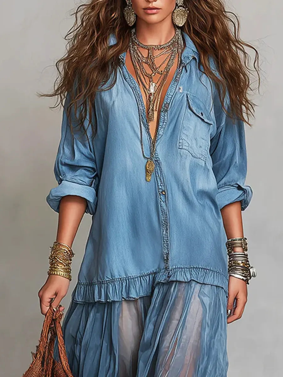 El Vestido Patchwork - Denim de alta calidad y organza de lujo.