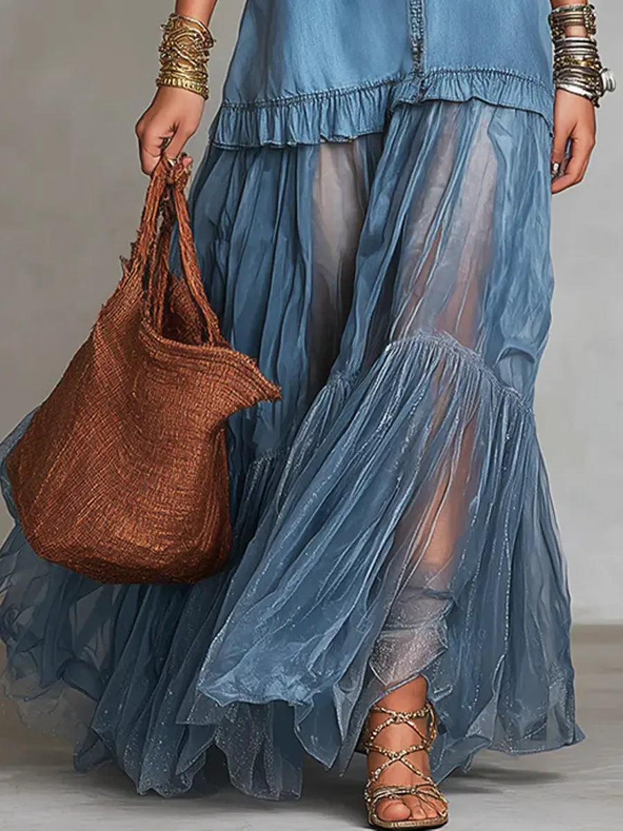 El Vestido Patchwork - Denim de alta calidad y organza de lujo.