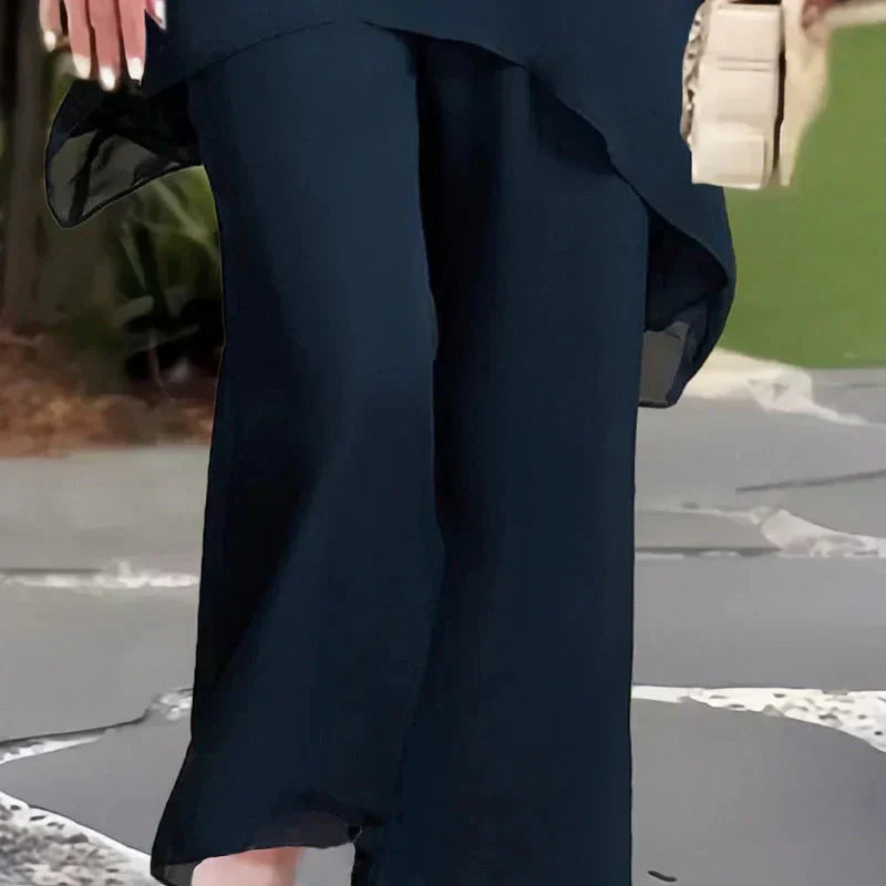 Conjunto Dama Asimétrico con Blusa Larga y Pantalón Amplio